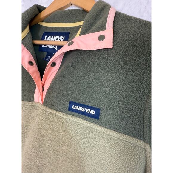 Lands’ End Heritage Quarter Snap Fleece Two-Tone Green Peach Trim Women’s Medium - Picture 5 of 10